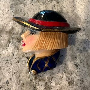 Vintage Pin Brooch Woman Profile With Hat Black and Red Accents